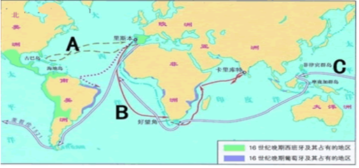 閱讀下列材料:請回答:材料一新航路開辟示意圖:(1)根據材料一&ldquo;新航路開辟示意圖&rdquo;中寫出A、B、C三條航線的開辟者分別是誰?(2)簡述新航路的開辟對世界歷史的發展產生了怎樣_作業幫